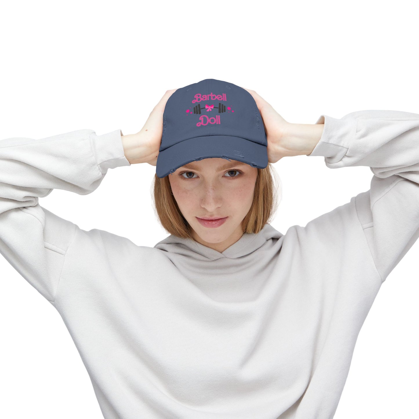 Barbell Doll Distressed Cap — Cute Weightlifting Hat for Women