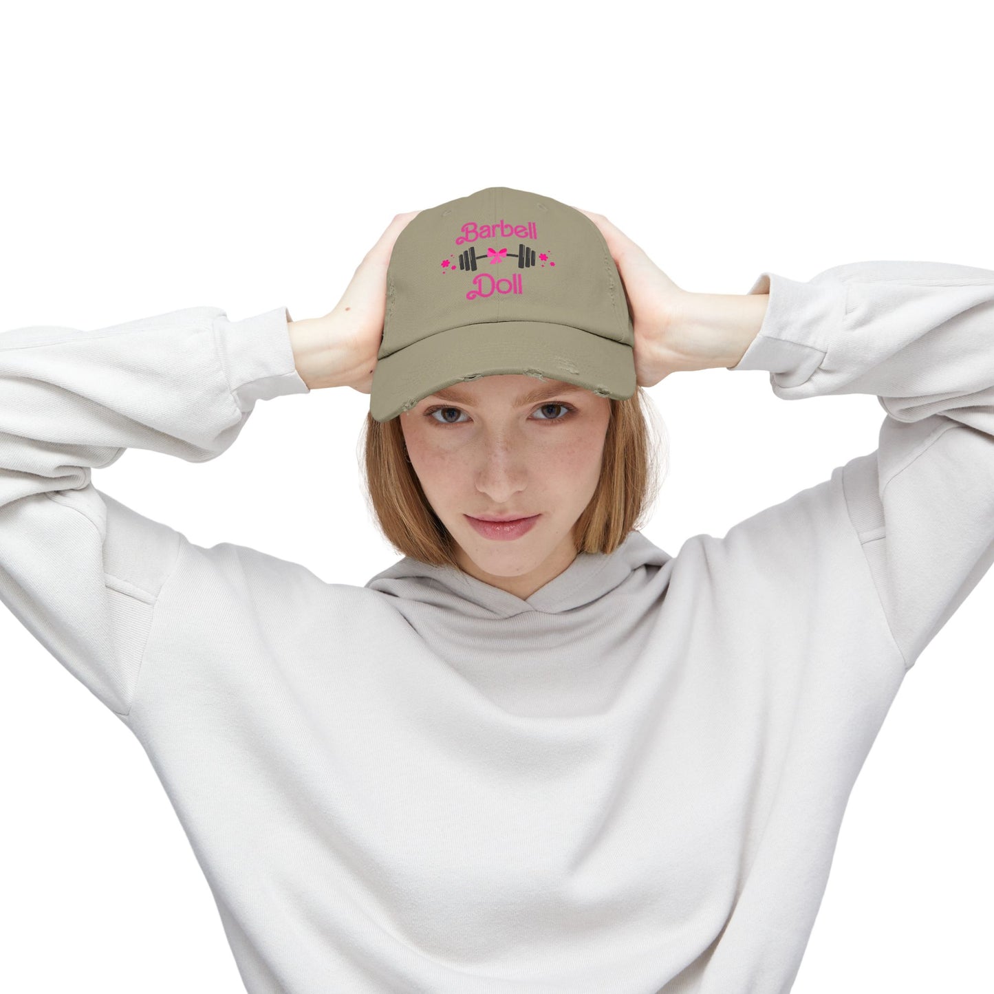 Barbell Doll Distressed Cap — Cute Weightlifting Hat for Women