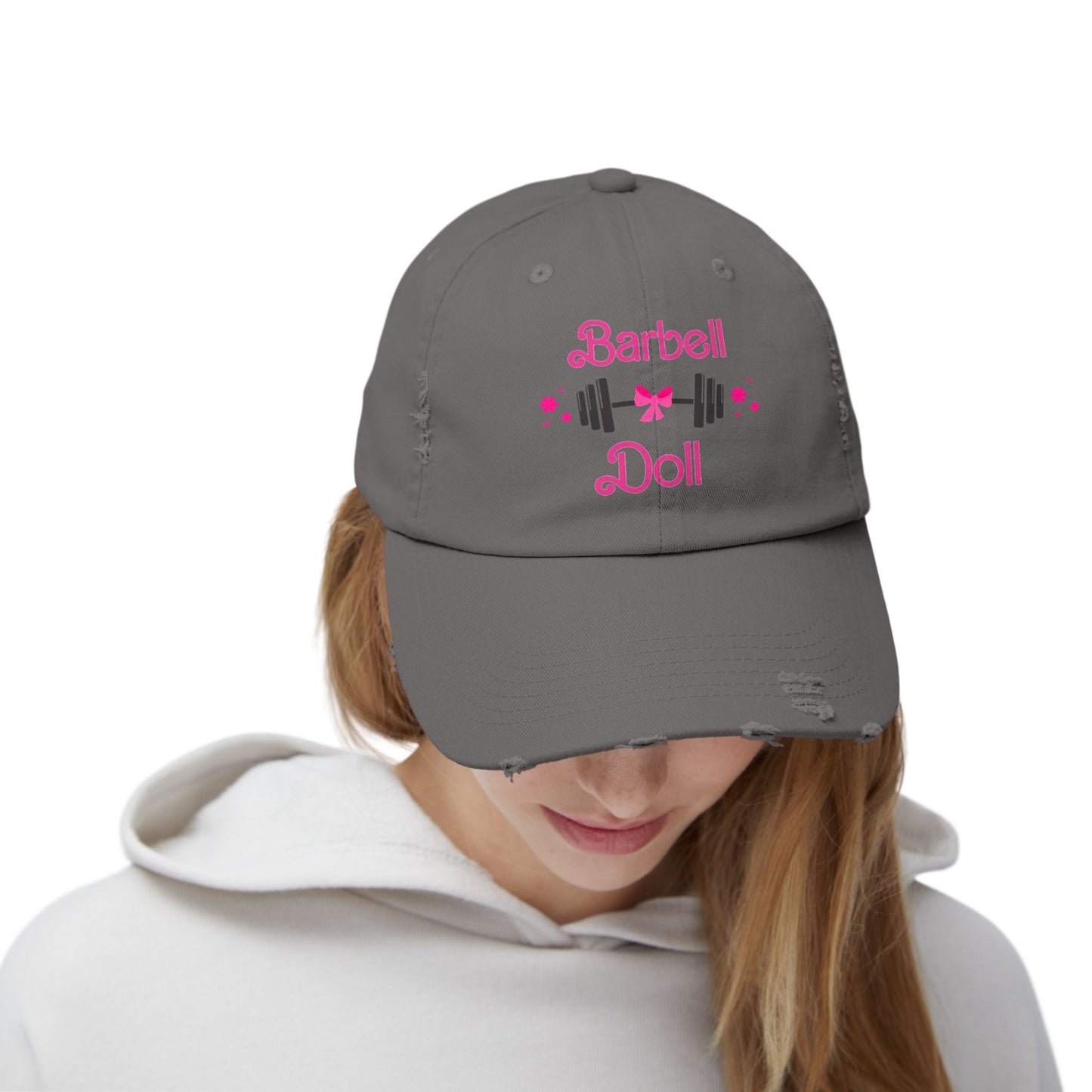 Barbell Doll Distressed Cap — Cute Weightlifting Hat for Women