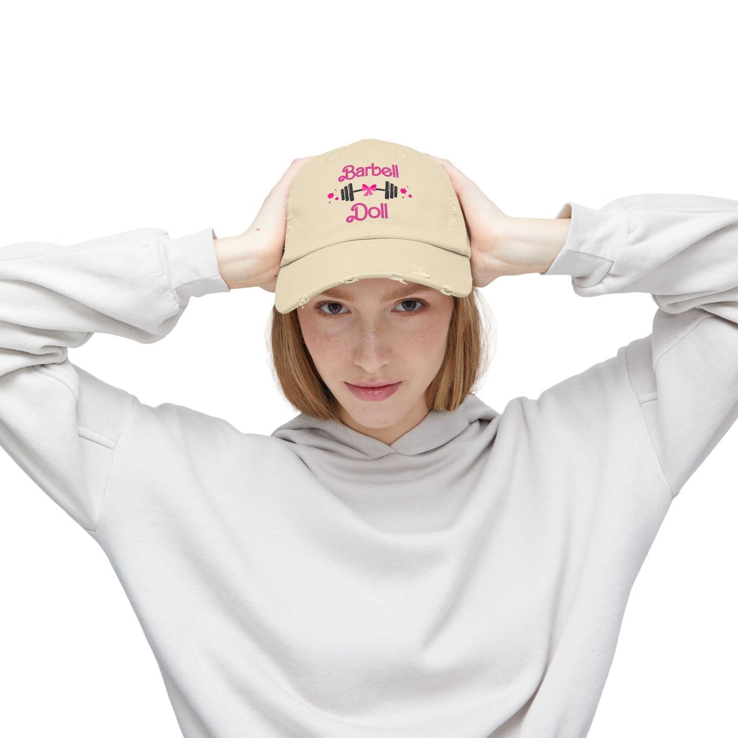 Barbell Doll Distressed Cap — Cute Weightlifting Hat for Women