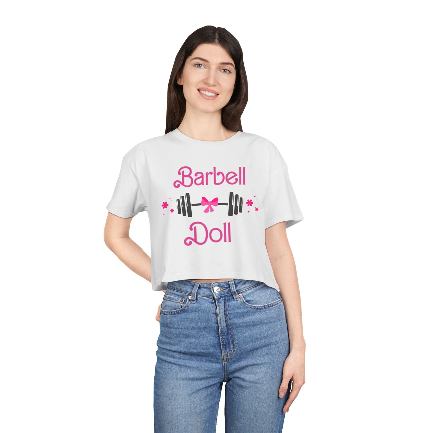 Barbell Doll Crop Tee — Cute Weightlifting Fitness Shirt for Women