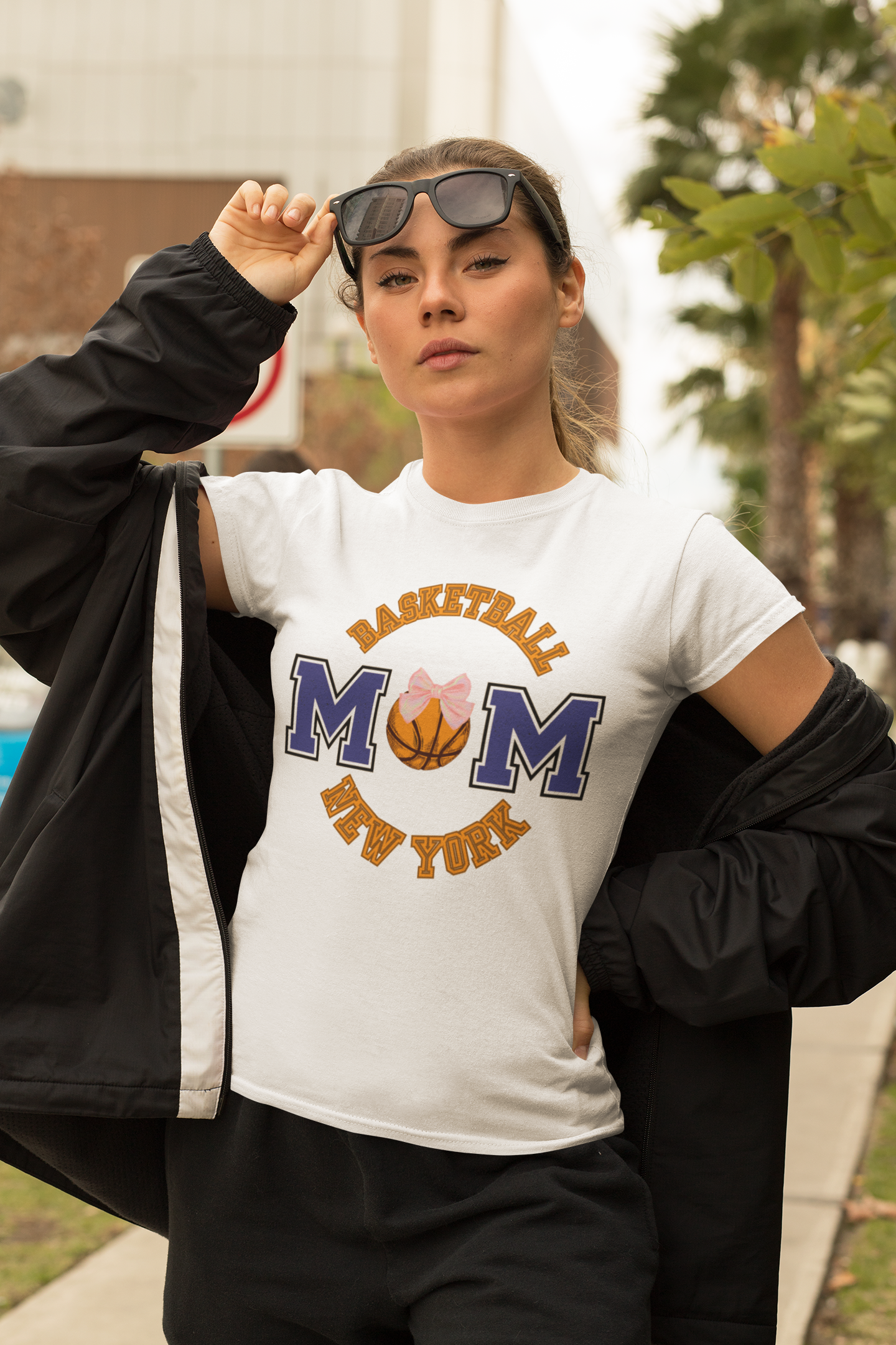 Basketball Mom T-Shirt — New York Basketball Mom Tee with Pink Bow