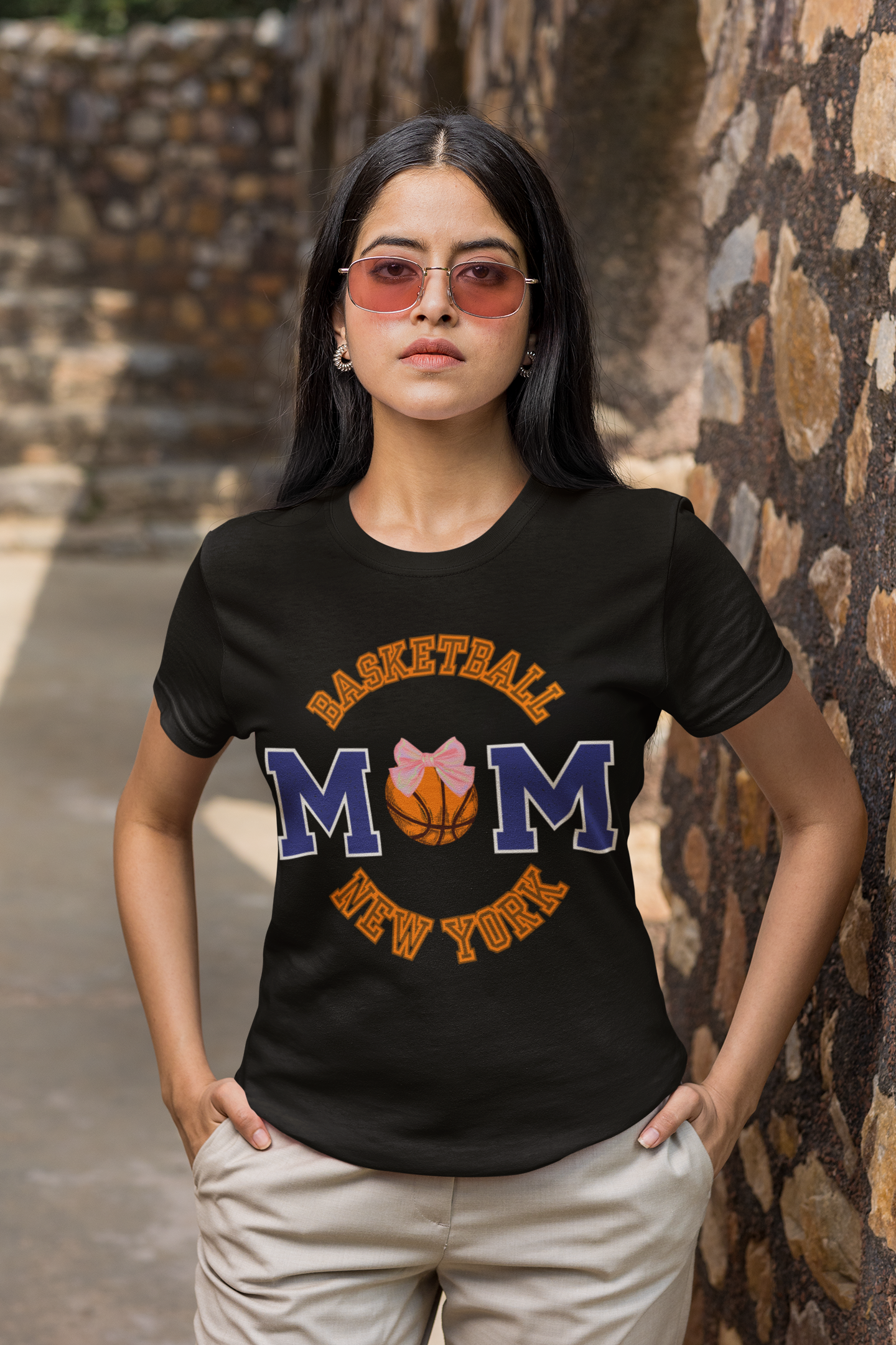 Basketball Mom T-Shirt — New York Basketball Mom Tee with Pink Bow
