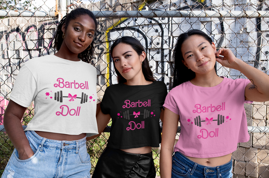 Barbell Doll Crop Tee — Cute Weightlifting Fitness Shirt for Women