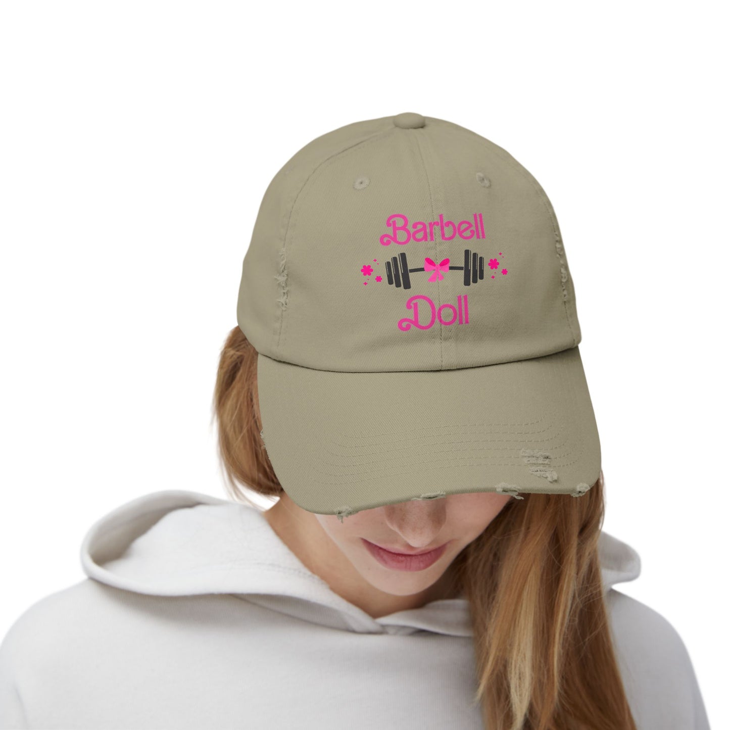 Barbell Doll Distressed Cap — Cute Weightlifting Hat for Women