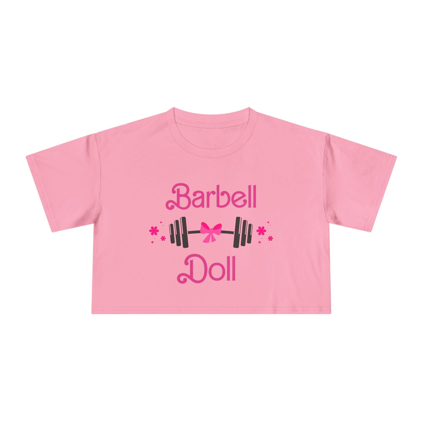 Barbell Doll Crop Tee — Cute Weightlifting Fitness Shirt for Women