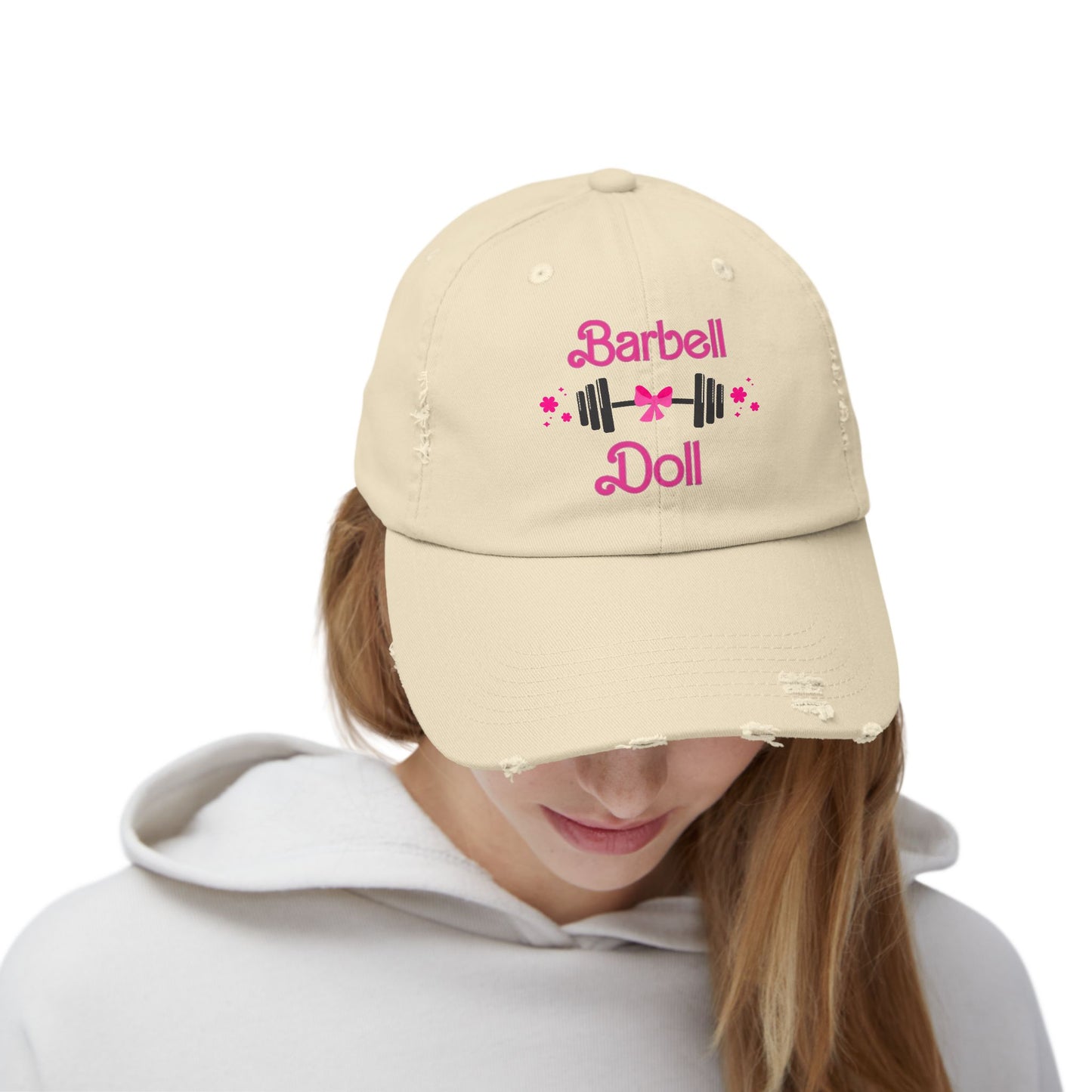 Barbell Doll Distressed Cap — Cute Weightlifting Hat for Women