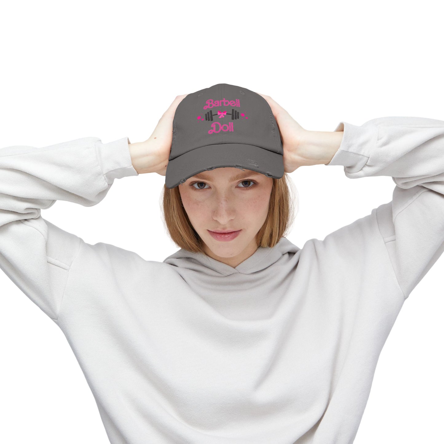 Barbell Doll Distressed Cap — Cute Weightlifting Hat for Women