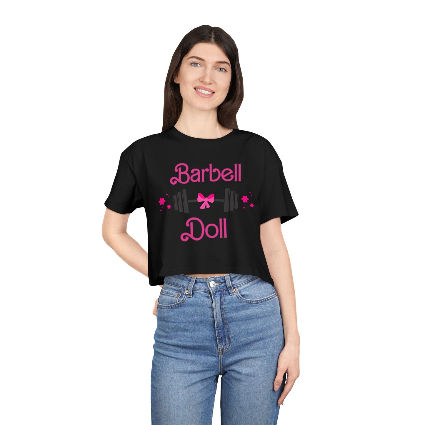 Barbell Doll Crop Tee — Cute Weightlifting Fitness Shirt for Women