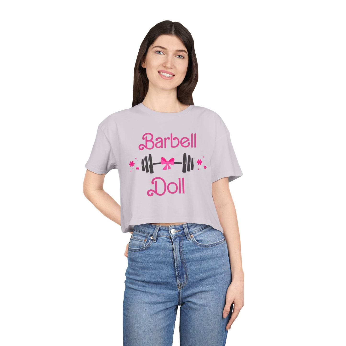 Barbell Doll Crop Tee — Cute Weightlifting Fitness Shirt for Women