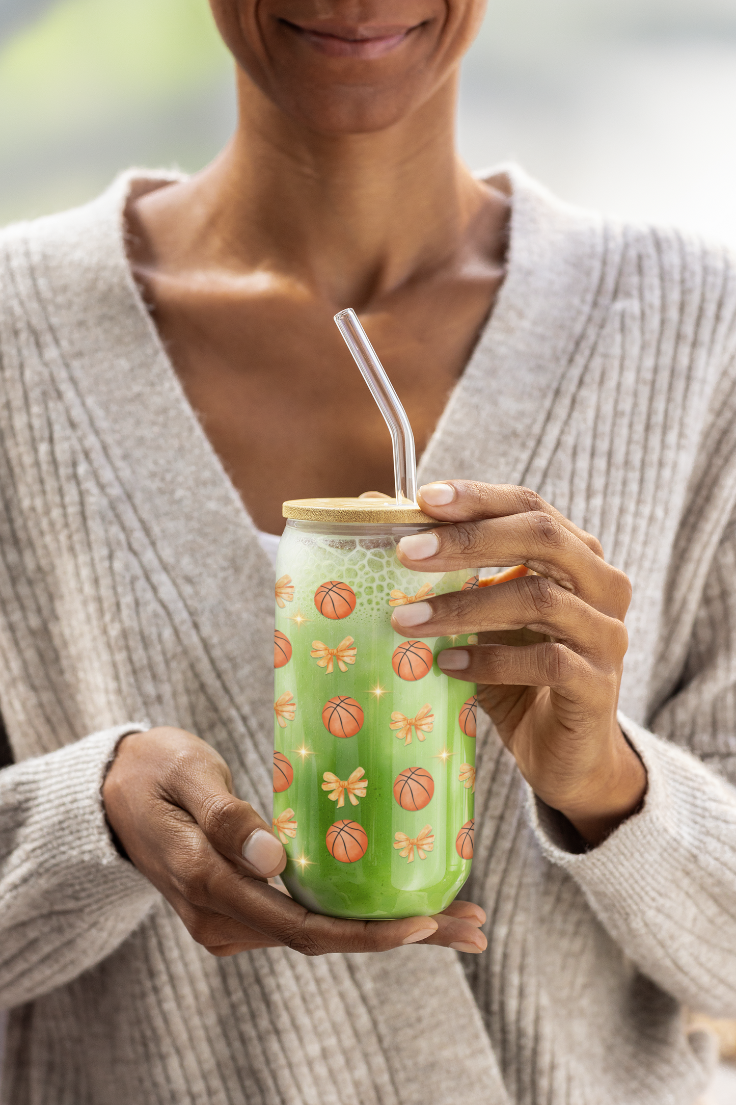 Basketball Pattern Sipper Glass, 16oz – Reusable Sports Drink Tumbler with Straw