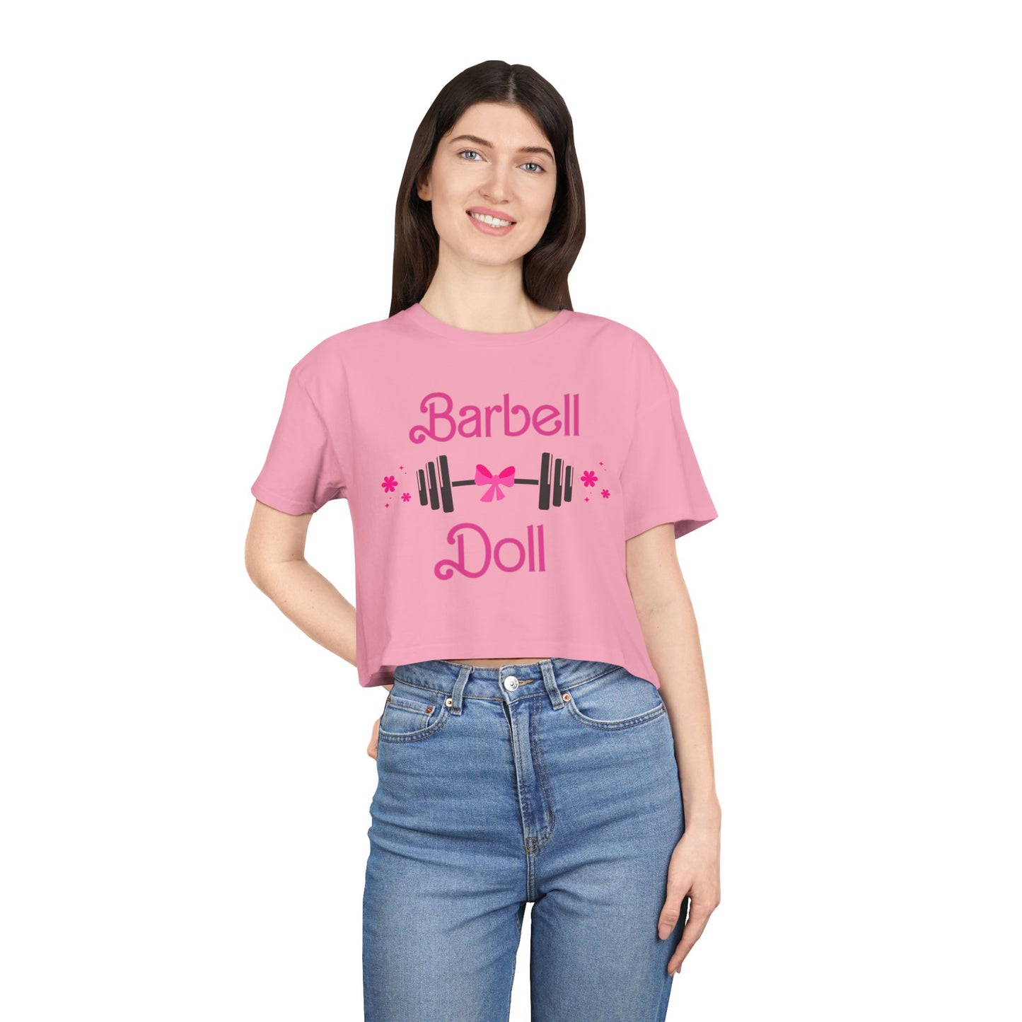 Barbell Doll Crop Tee — Cute Weightlifting Fitness Shirt for Women
